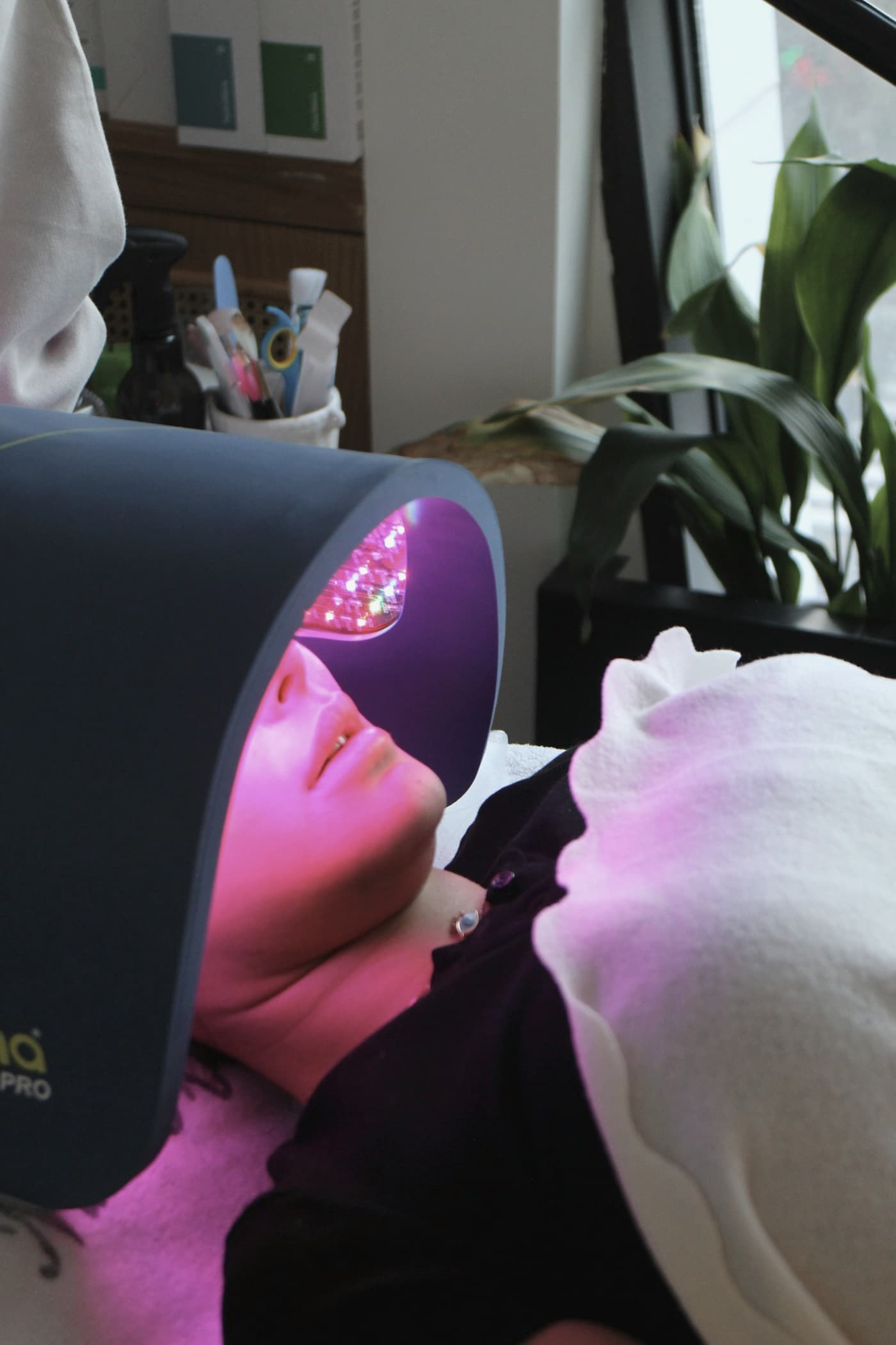 LED light therapy mask during a skin treatment
